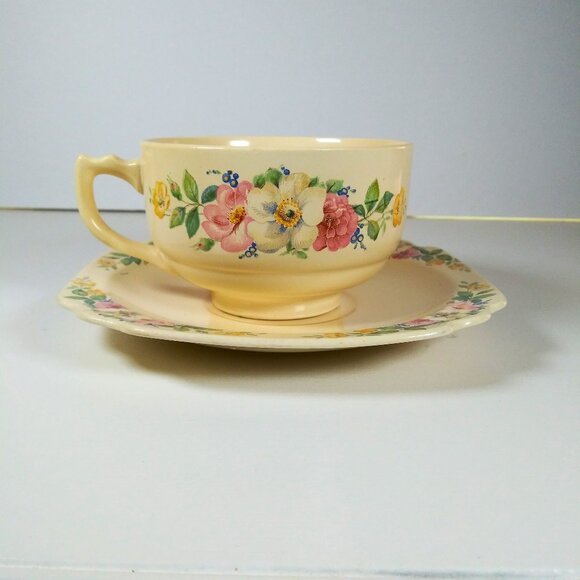 Vintage Ceramic Cup/Saucer Centruy Square Yellow Multicolor Flowers Dinning - Picture 1 of 8